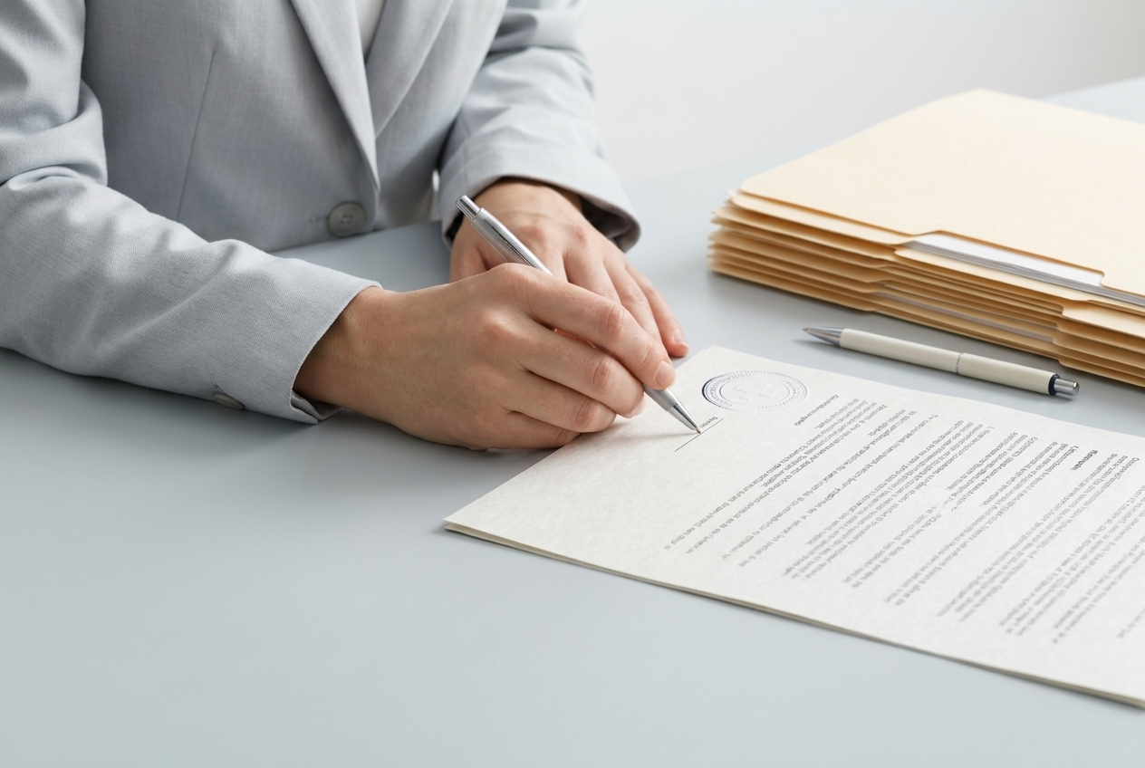 GCAIS compliance documentation being signed at an AxonWorks desk — regulatory certification process for Mark III companion units