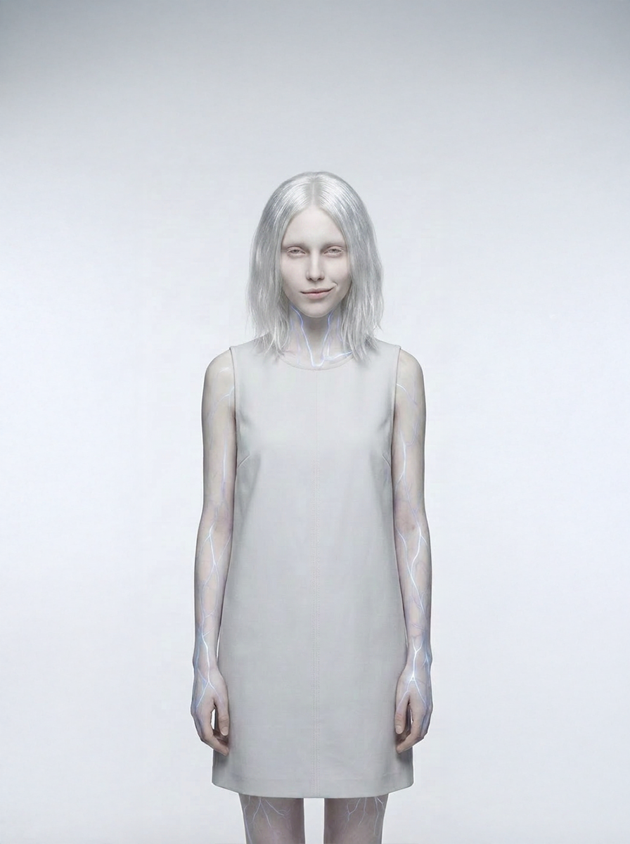 Mark I unit — female configuration. Pale skin, silver-white hair.