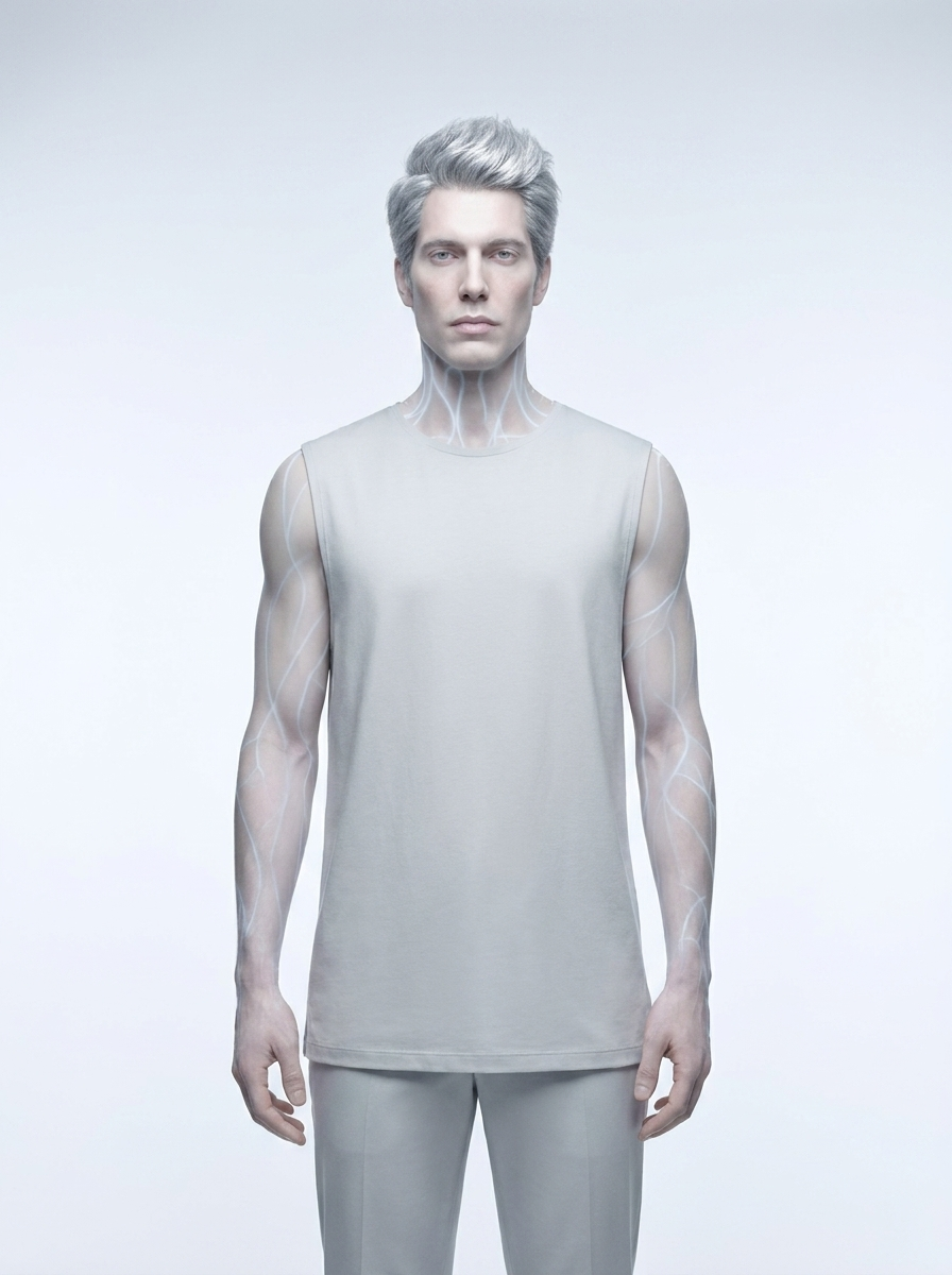 Mark I unit — male configuration. Pale skin, silver-white hair, bioluminescent vein structures.